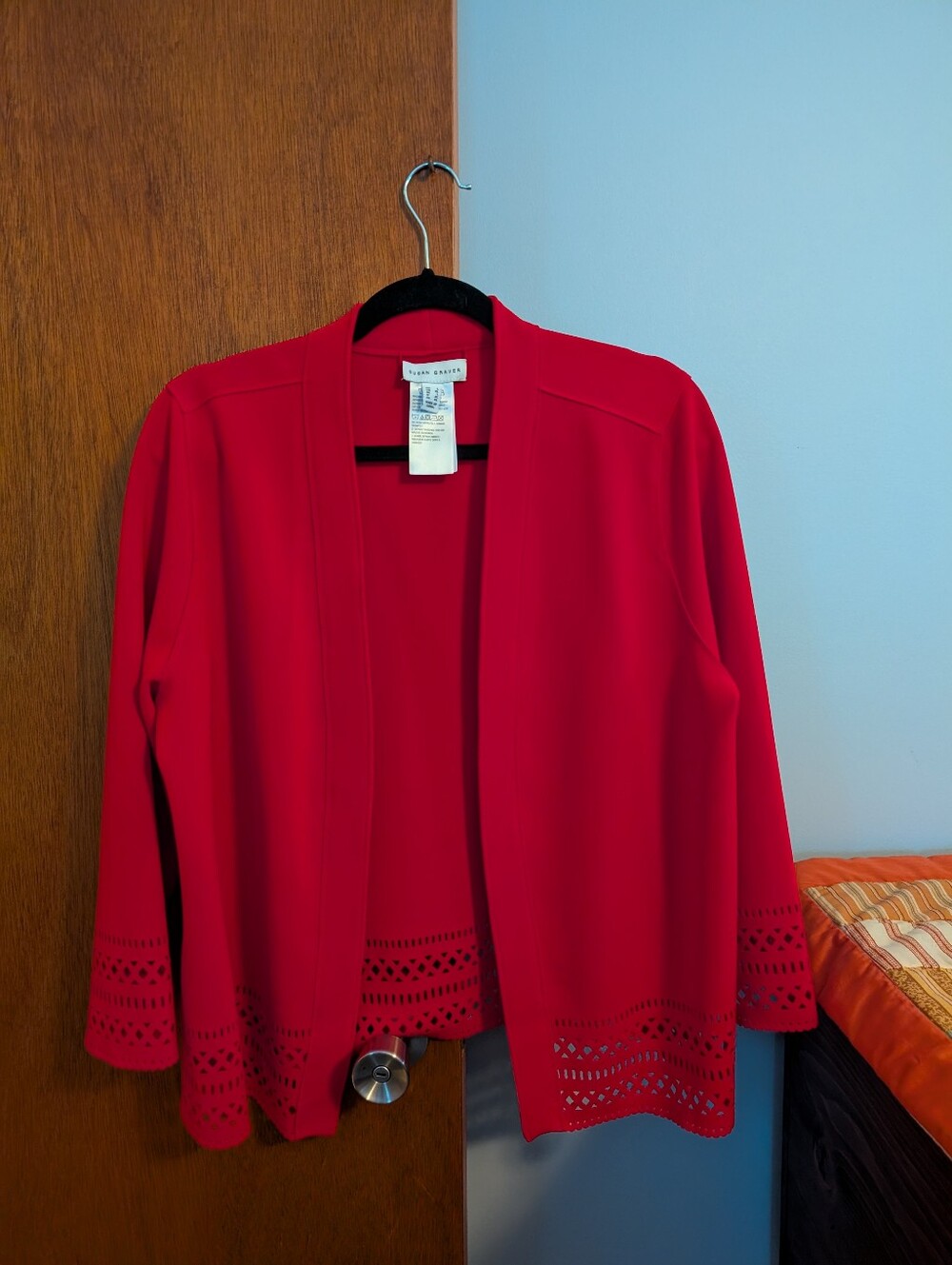 Susan Graver Red Open-Front Laser-Cut Hem Jacket Women's Size L